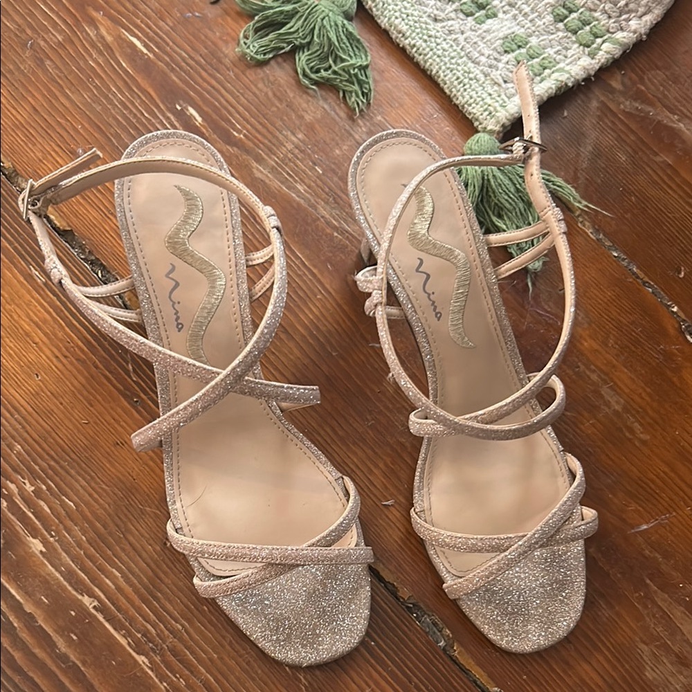 Champagne Metallic High-Heeled Sandals with Crisscross Straps